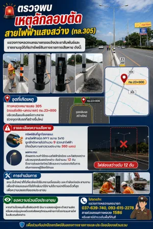 ทรัพย์สินที่ถูกโจรกรรม: สายไฟฟ้าชนิด NYY ขนาด 3x10 ถูกลักตัดหายไปจำนวน 9 ช่วงเสาไฟฟ้า (คิดเป็นความยาวรวมประมาณ 360 เมตร)